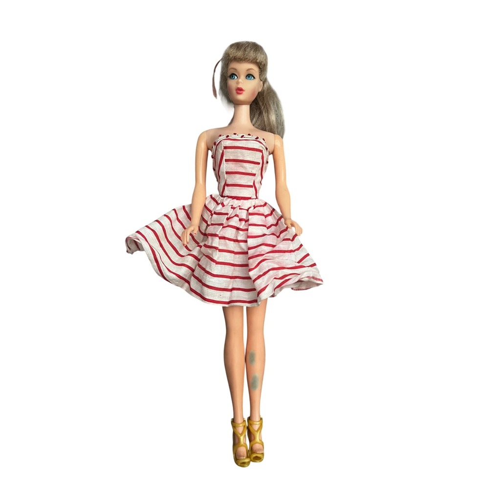 Vintage Barbie TNT Ash Blonde Ponytail Midge Body Red White Striped Dress 1960s